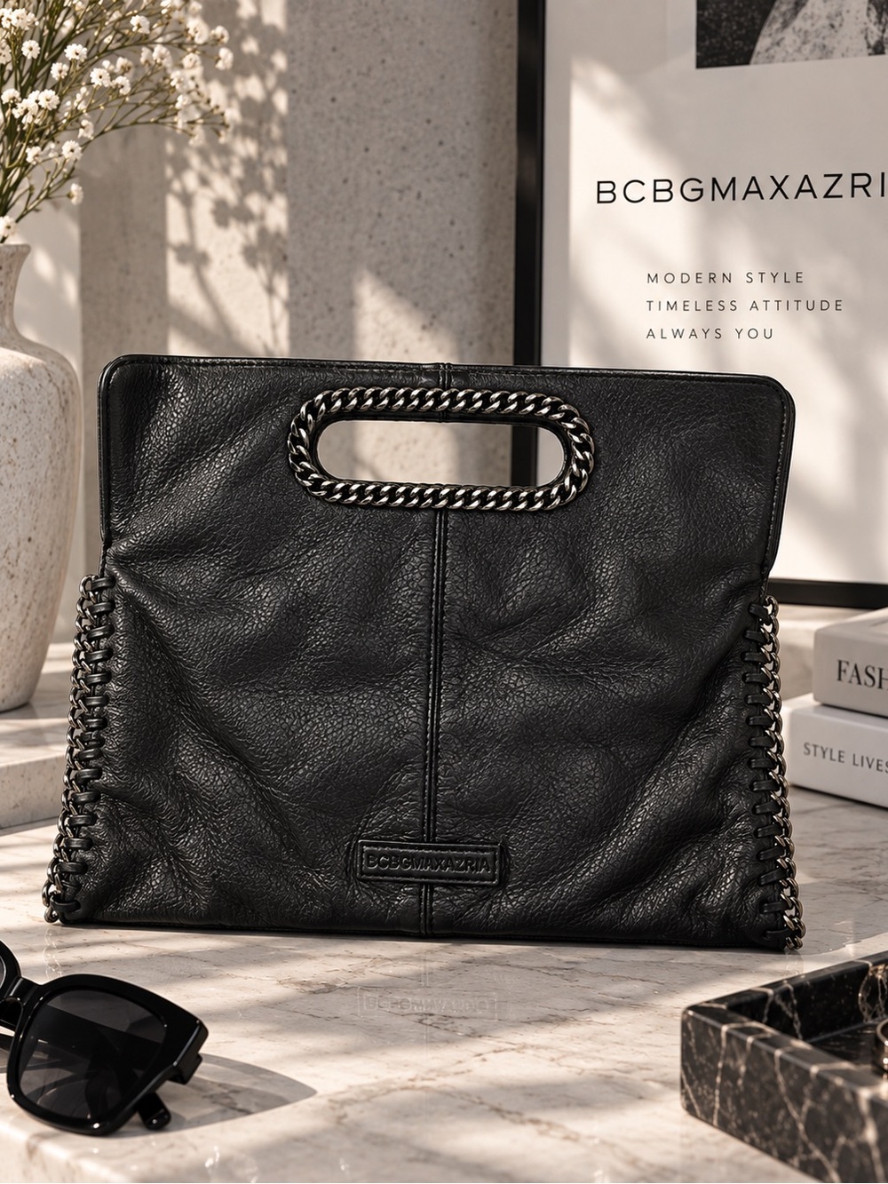 🖤MAKE OFFER🖤 BCBGMaxAzria Black Leather Chain-Trim Tote Clutch Purse Punk Rock